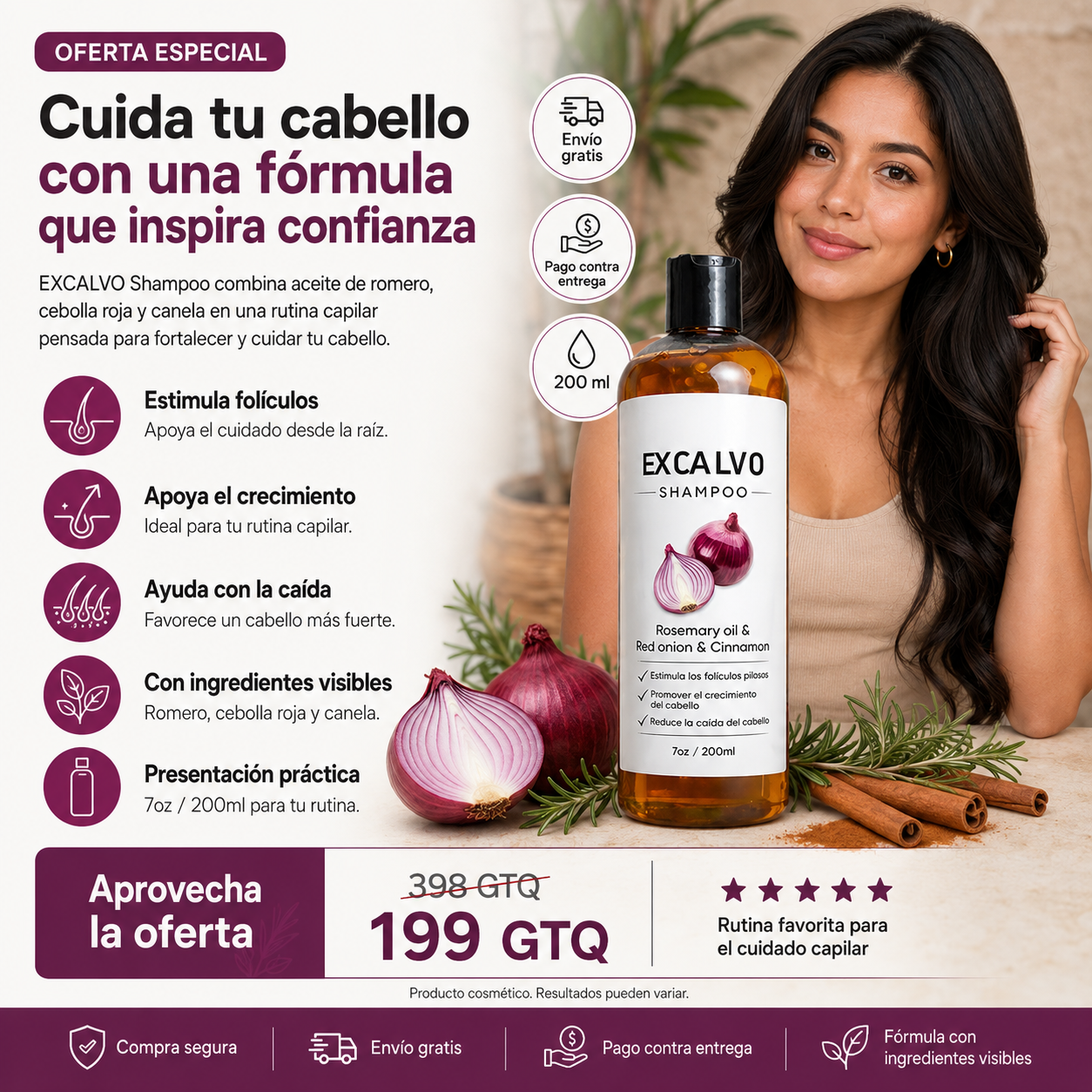 Combate el Cabello Débil con EXCALVO Shampoo de Romero, Cebolla Roja y Canela