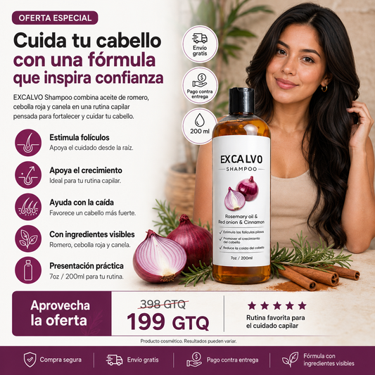 Combate el Cabello Débil con EXCALVO Shampoo de Romero, Cebolla Roja y Canela